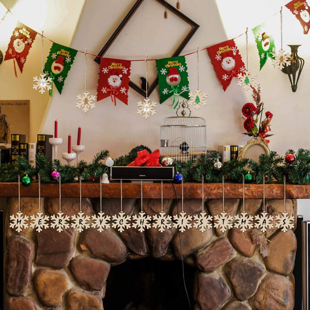 Wooden snowflake ornaments spelling 'MERRY CHRISTMAS' hanging above a stone fireplace, with festive banners above.