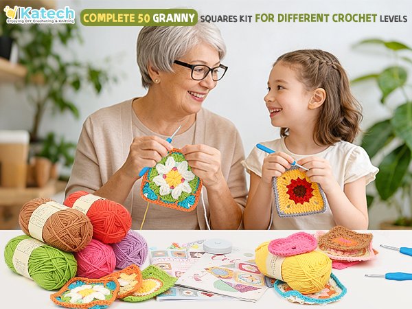 Grandmother and granddaughter crocheting together, surrounded by colorful yarn skeins and finished granny squares.