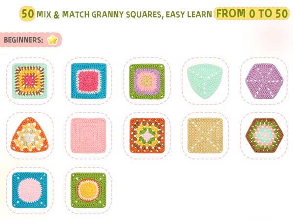 Crochet kit display showing 10 different granny square patterns and shapes, including squares, triangles, and hexagons.