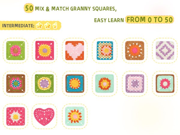 Collection of colorful crocheted granny squares and a heart shape, displayed in rows on a white background.