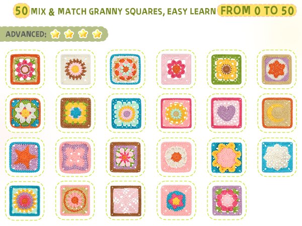 Collection of 20 colorful crocheted granny squares with various patterns and designs, displayed in a grid.