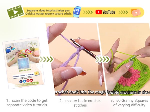 Collage showing crochet tutorial steps: scanning a code for video, making a slip knot with a crochet hook, and crocheting a granny square.