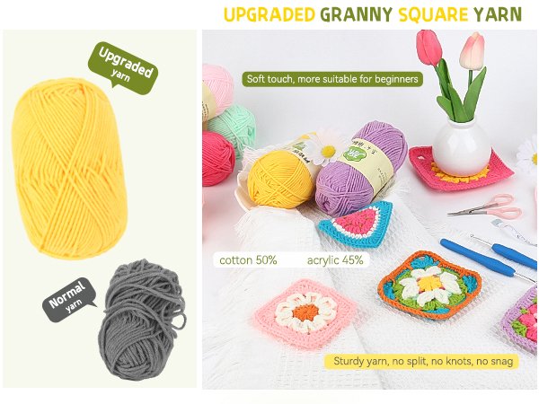 Crochet yarn skeins and finished granny squares with crochet hooks and scissors. One side shows yellow and gray yarn with text labels.