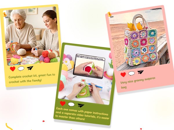 Collage of three images showing a crochet kit: two women crocheting, a tablet displaying a tutorial, and a finished granny square bag.