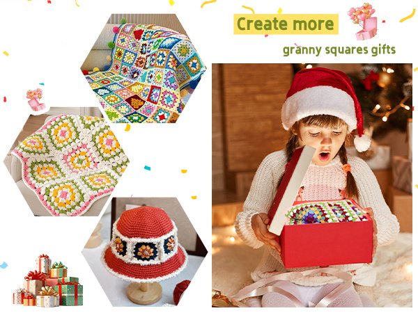 Collage of crochet items: colorful granny square blanket, cream and pink blanket, red hat with crochet flowers, and a girl in a Santa hat opening a gift box with crochet items inside.