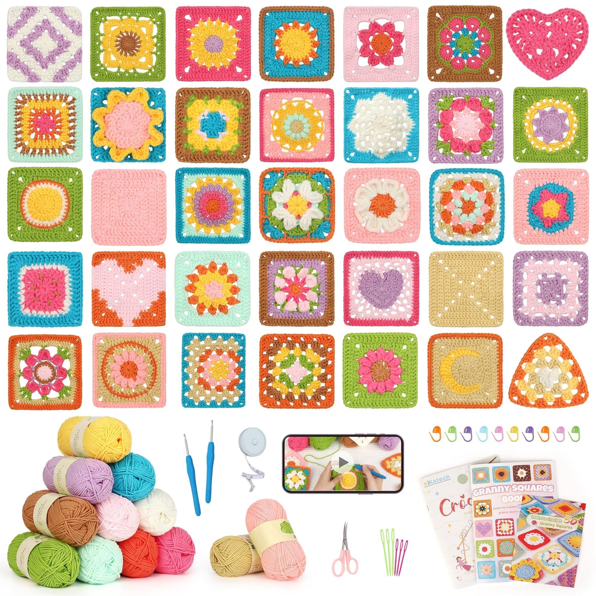Crochet kit with various colorful granny squares, yarn skeins, hooks, scissors, and instruction books.