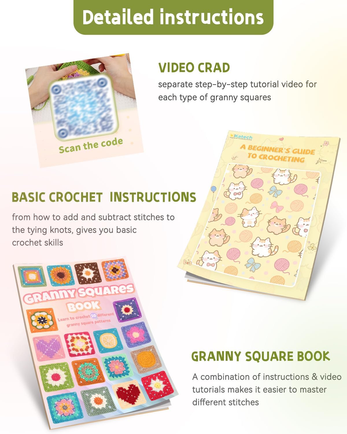 Crochet kit instructions including a QR code, a book of granny square patterns, and a beginner's guide to crocheting.