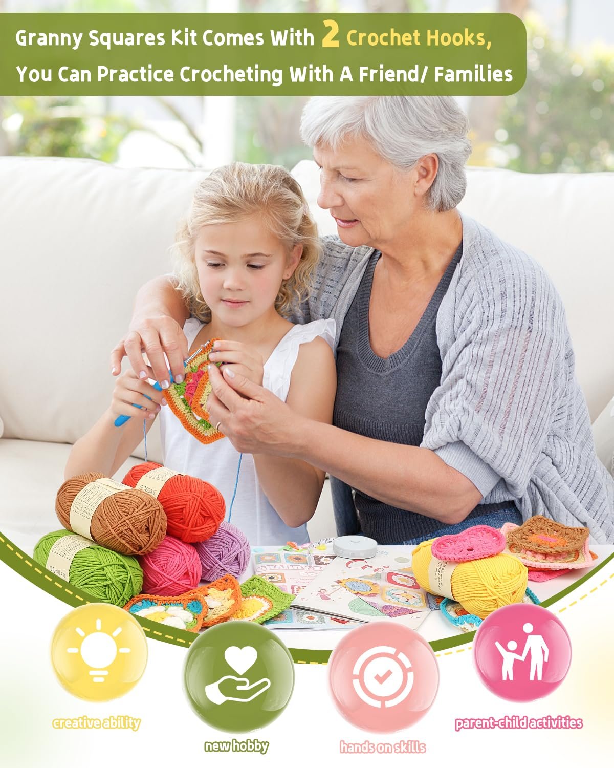Grandmother and granddaughter crocheting together with colorful yarn and hooks on a table.