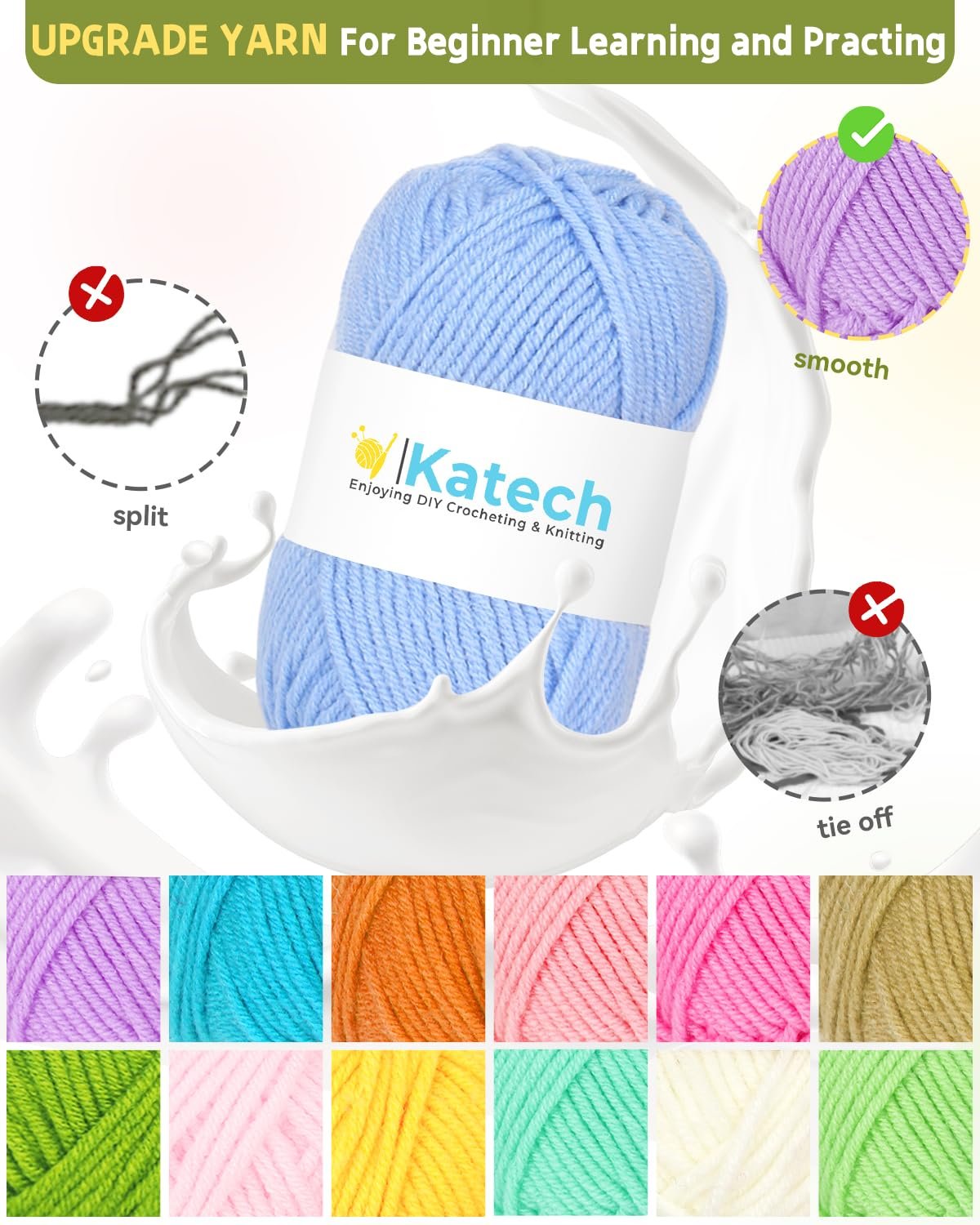 Ball of blue yarn with a white label, surrounded by splashes, showing examples of yarn quality and colors.