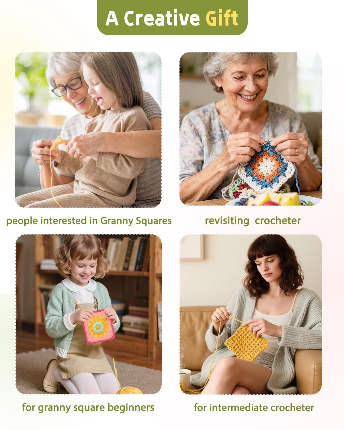 Collage of four images showing people crocheting granny squares, with text overlays describing different skill levels and a general gift idea.