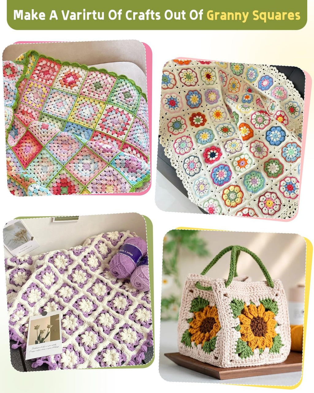 Four crochet projects: a colorful granny square blanket, a cream-colored blanket with floral granny squares, a purple and white blanket with yarn, and a beige bag with sunflower granny squares.