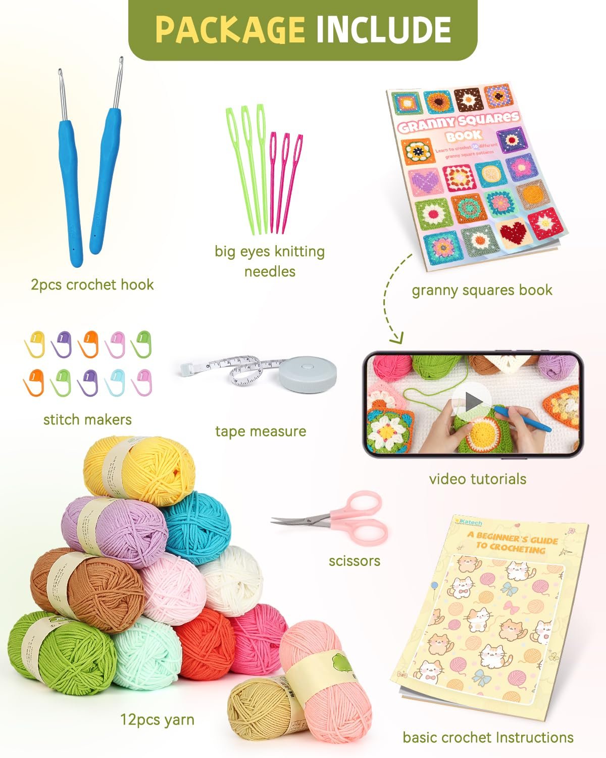 Crochet kit contents laid out: yarn skeins, hooks, needles, stitch markers, tape measure, scissors, and books.