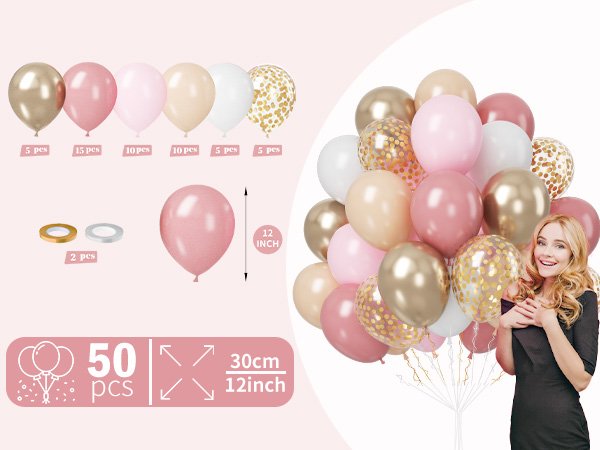 Assortment of pink, gold, champagne, and white balloons, some with gold confetti, displayed with quantity counts and size information.
