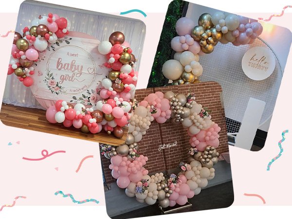 Collage of balloon arrangements in pink, gold, and white for parties. One features a 'A sweet baby girl' backdrop.