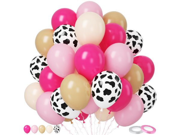 A bouquet of pink, champagne gold, and cow print latex balloons with ribbons and tape.