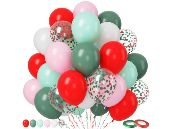 Assortment of 12-inch latex balloons in red, pink, mint green, white, and sage green, some with confetti, arranged in a cluster with ribbons and two spools of ribbon at the bottom.