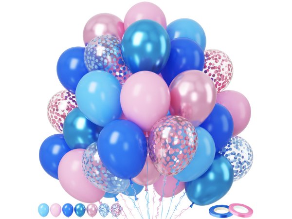 A large cluster of pink, blue, and confetti balloons with ribbons and two rolls of curling ribbon on a white background.