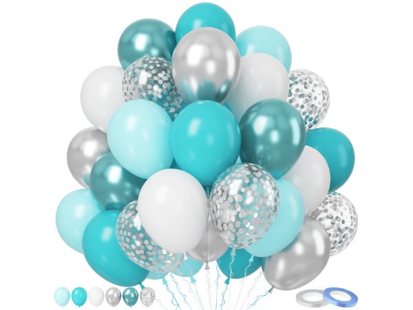 A large cluster of pink and gold balloons with confetti, white, and silver balloons, shown on a white background.