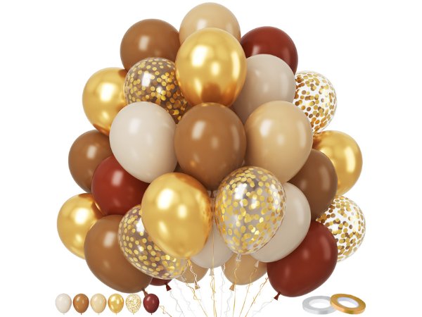 Pile of assorted pink, gold, and brown balloons with gold confetti, shown with small balloon samples and tape at the bottom.
