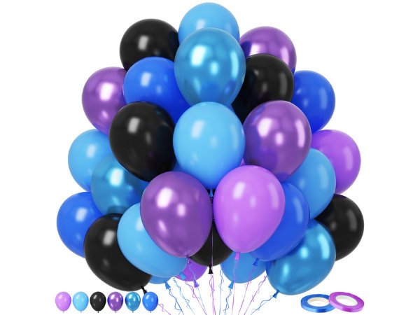 A large bunch of assorted color balloons in blue, purple, and black, with ribbons and two rolls of ribbon at the bottom.