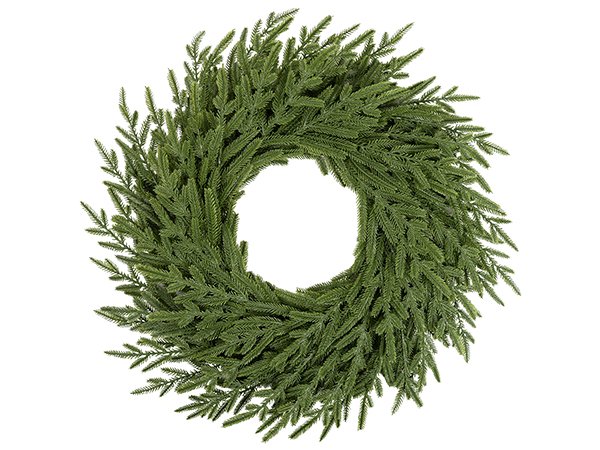 Round artificial pine wreath with dense green branches against a white background, viewed from the front.