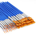 Bulk set of blue handled paint brushes with orange bristles, angled view on white background.