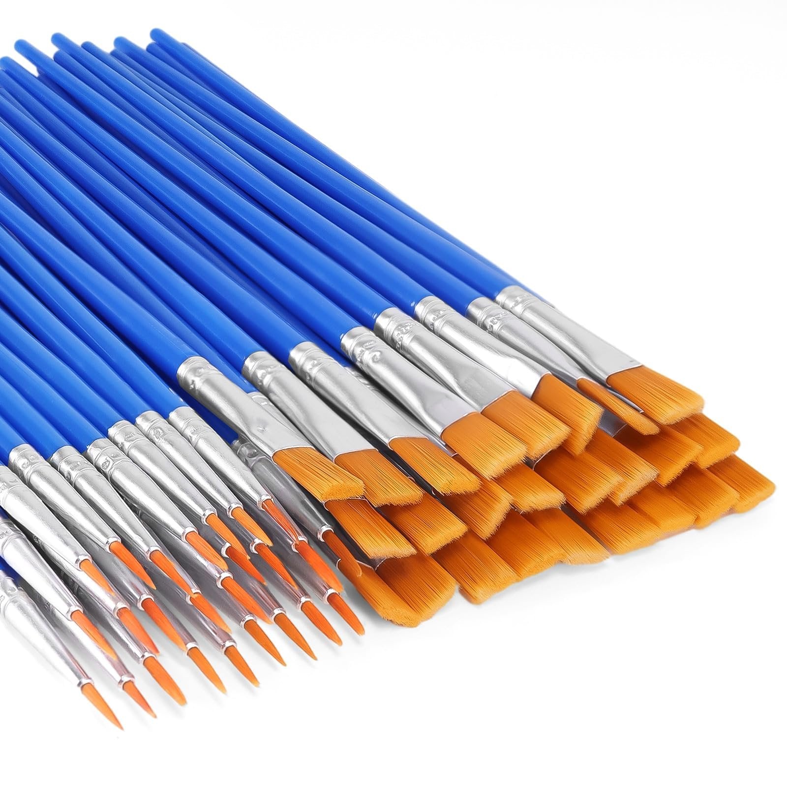 Bulk set of blue handled paint brushes with orange bristles, angled view on white background.