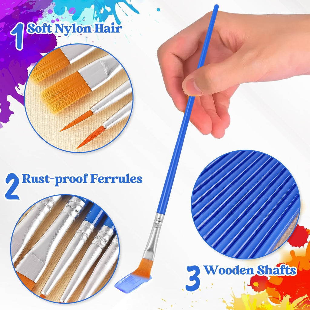 Set of blue paint brushes with close-ups showing soft nylon hair, rust-proof ferrules, and wooden shafts.