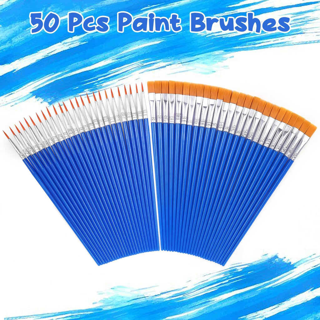 Fan of 50 blue paint brushes with orange bristles, arranged in two arcs on a white background with blue brush stroke graphics.
