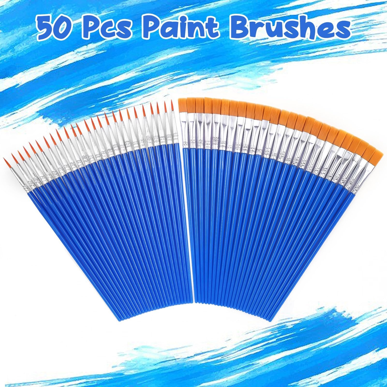 Fan of 50 blue paint brushes with orange bristles, arranged in two arcs on a white background with blue brush stroke graphics.