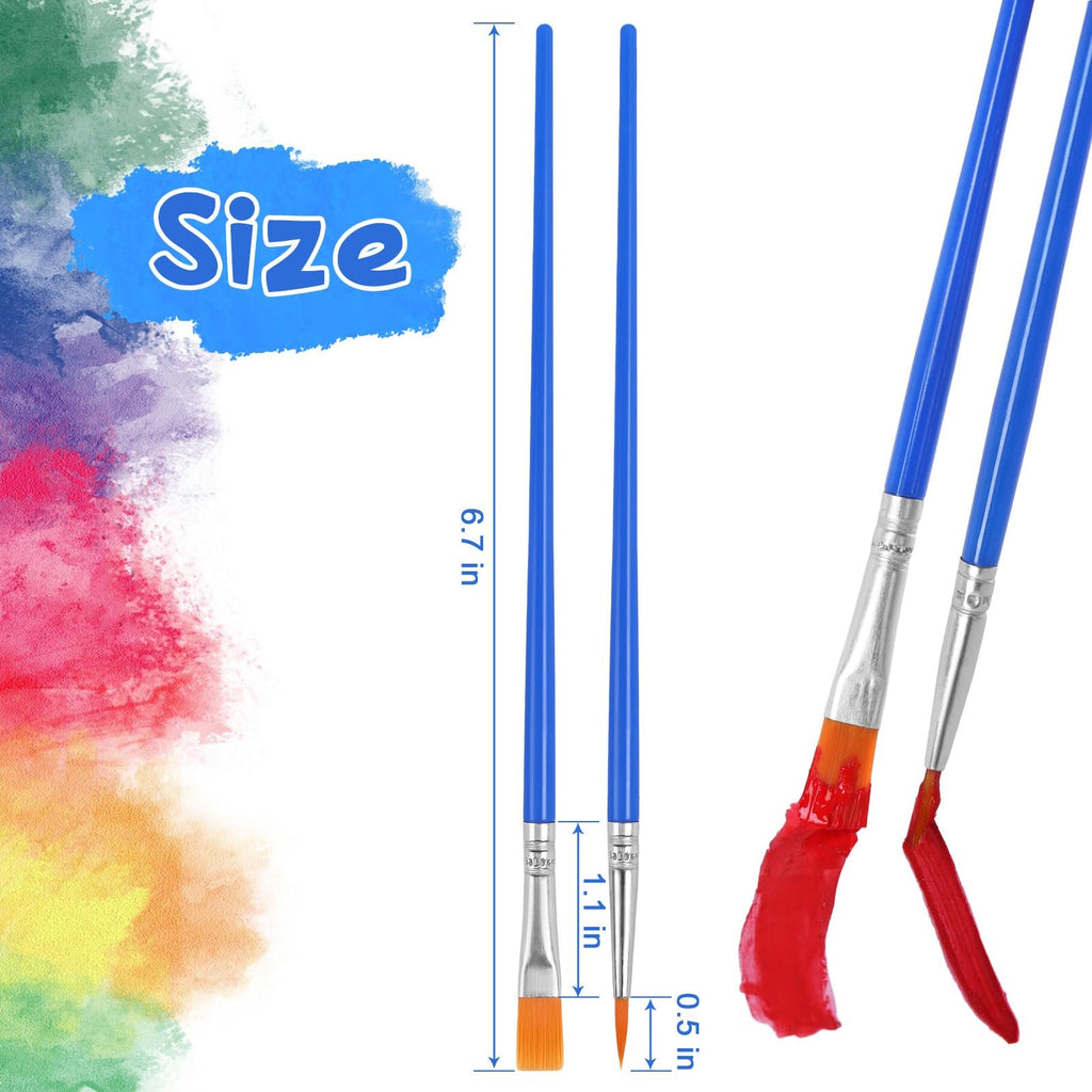 Two blue paint brushes shown with size dimensions and paint strokes. One flat brush and one round brush.