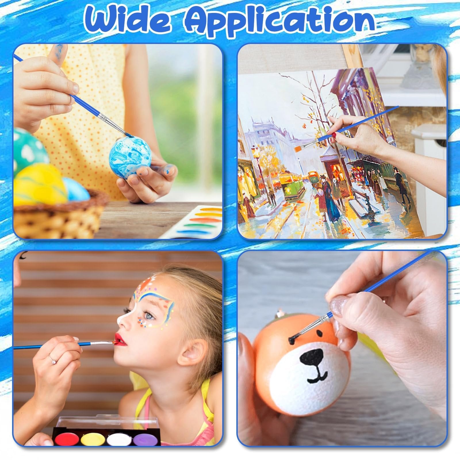 Collage of four images showing paint brushes used for various crafts: painting an Easter egg, an oil painting, face painting, and decorating a craft object.