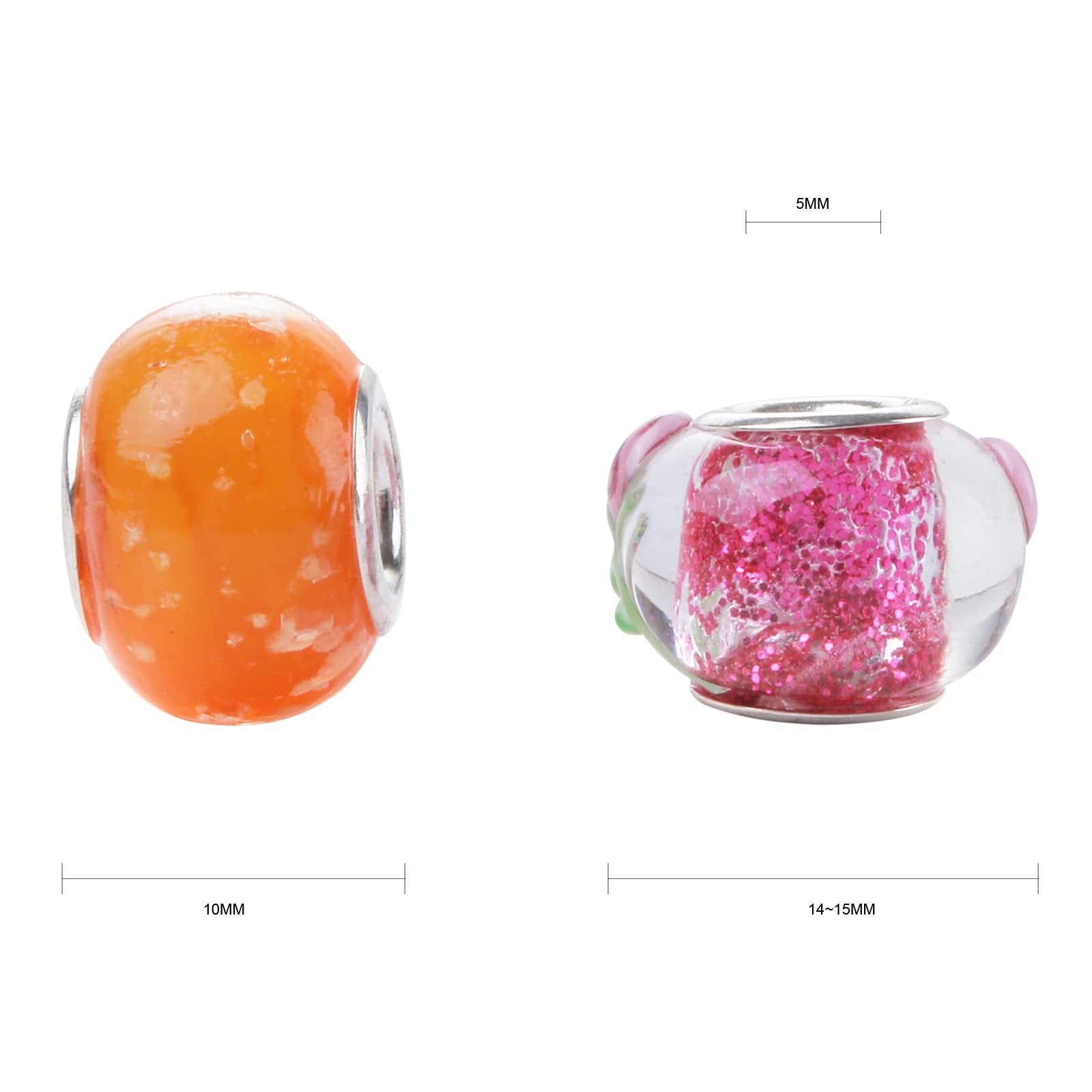 Two Murano glass beads, one orange and one clear with pink glitter, with dimension lines indicating size.