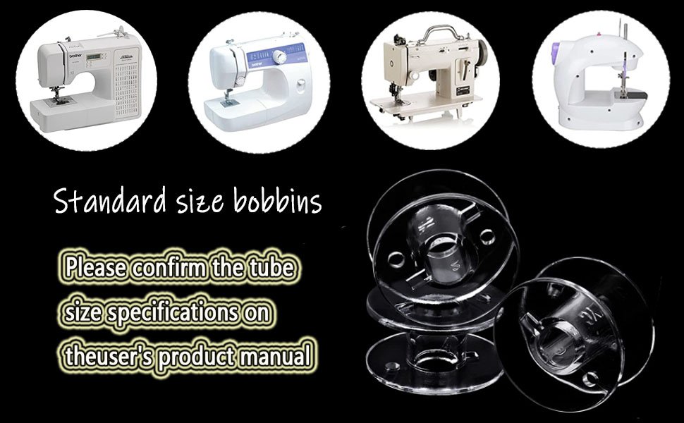Four sewing machines and a stack of clear plastic bobbins on a black background.