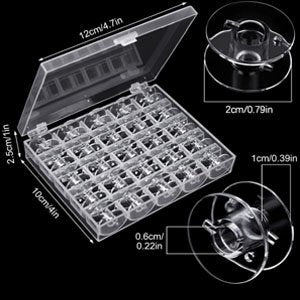Transparent plastic sewing machine bobbins in a clear storage case, with dimensions shown.
