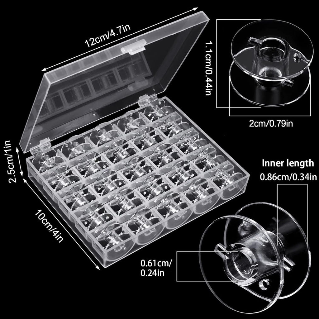 Transparent plastic sewing machine bobbins in a clear storage case with dimensions labeled