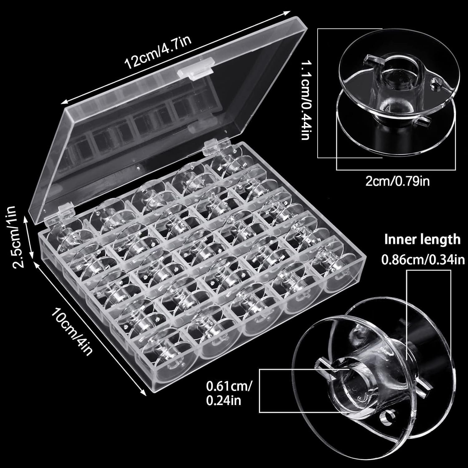 Transparent plastic sewing machine bobbins in a clear storage case with dimensions labeled