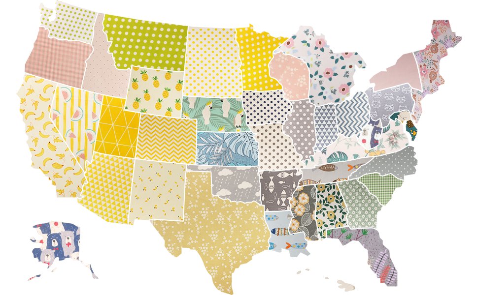 United States map outline filled with various floral and patterned fabric squares, including Alaska and Hawaii