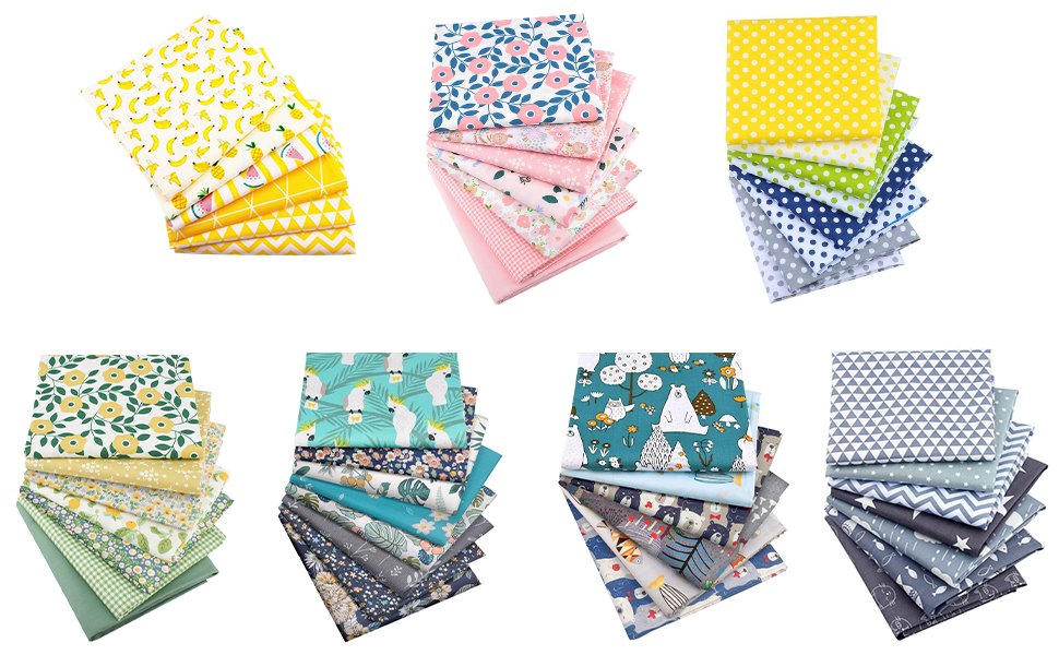 Stacks of fabric squares with various patterns including fruits, flowers, polka dots, animals, and geometric shapes.