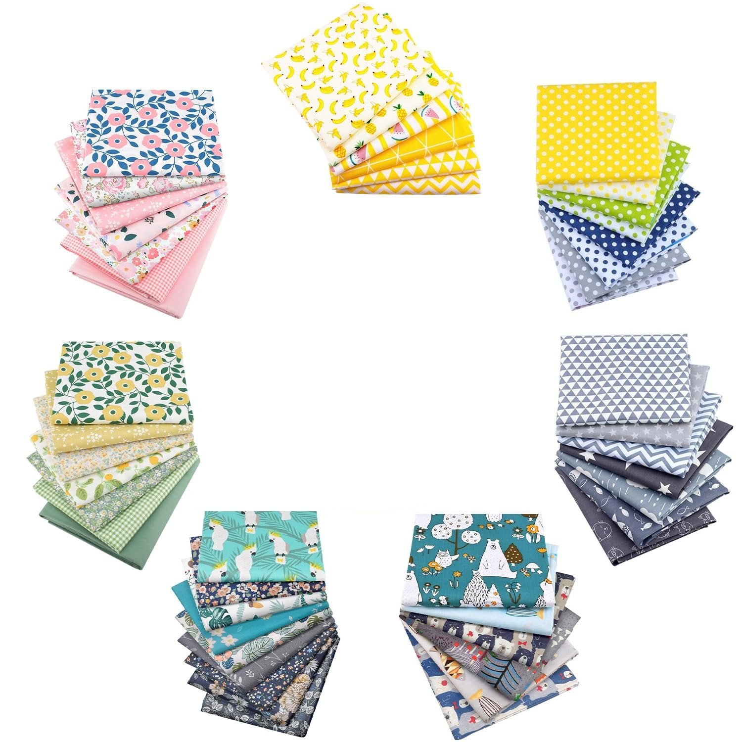 Stacks of 100% cotton fabric squares with various patterns including floral, polka dot, fruit, animal, and geometric prints.