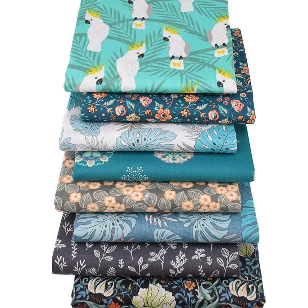 Stack of ten 10x10 inch fabric squares with various floral and parrot prints on a white background.