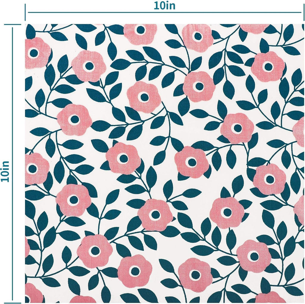 10x10 inch fabric square with a repeating pattern of pink flowers and dark teal leaves on a white background.