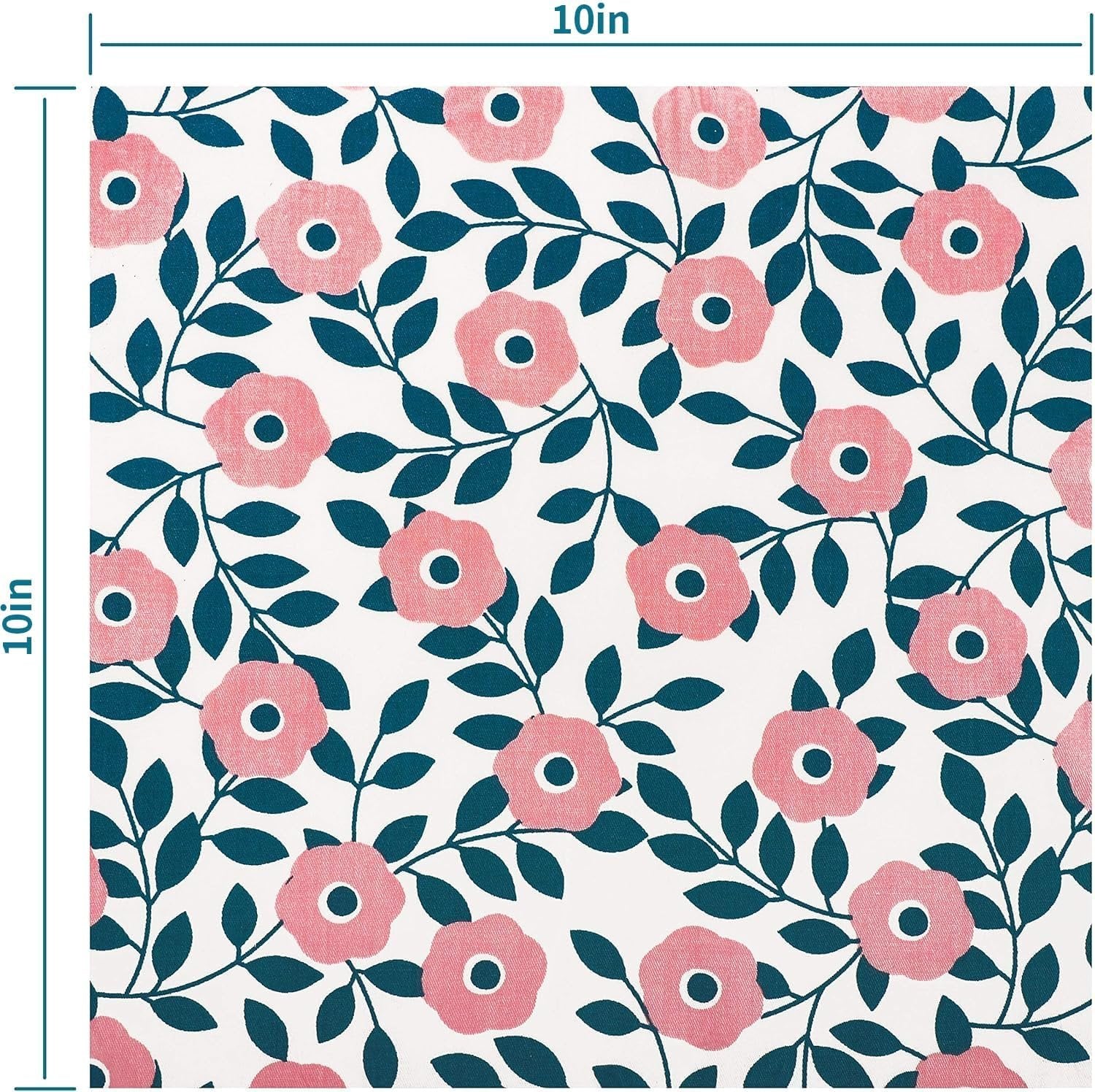 10x10 inch fabric square with a repeating pattern of pink flowers and dark teal leaves on a white background.