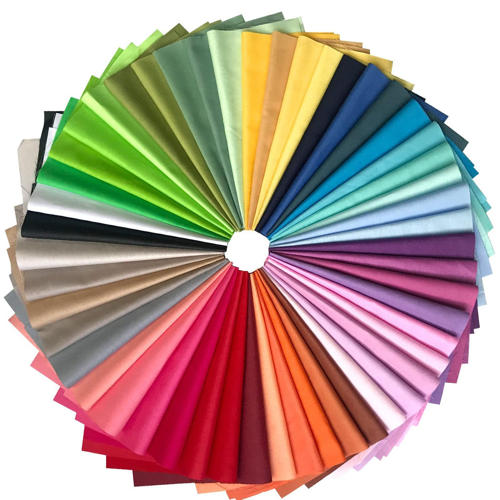 Fan of 50 solid color 10x10 inch 100% cotton fabric squares arranged in a circle