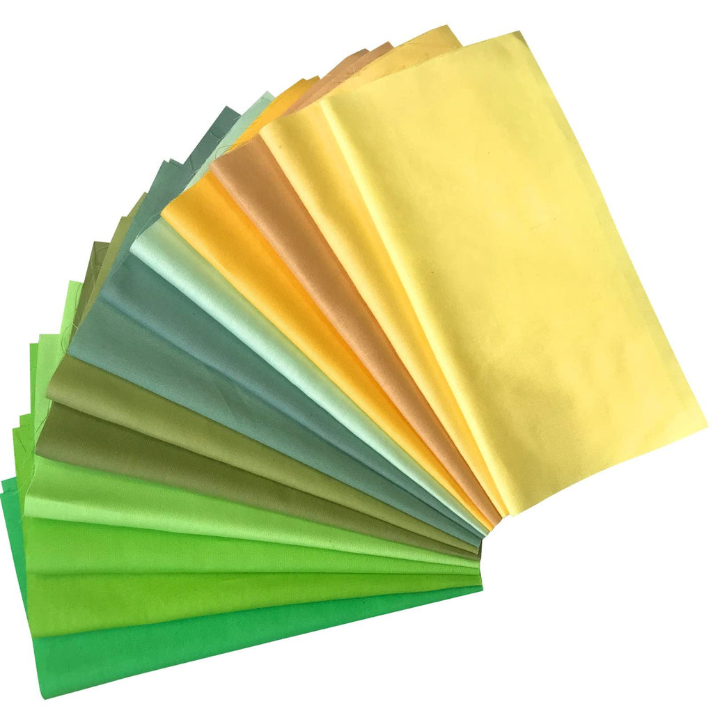 Fan of 100% cotton fabric squares in various shades of green, yellow, and tan, displayed against a white background.