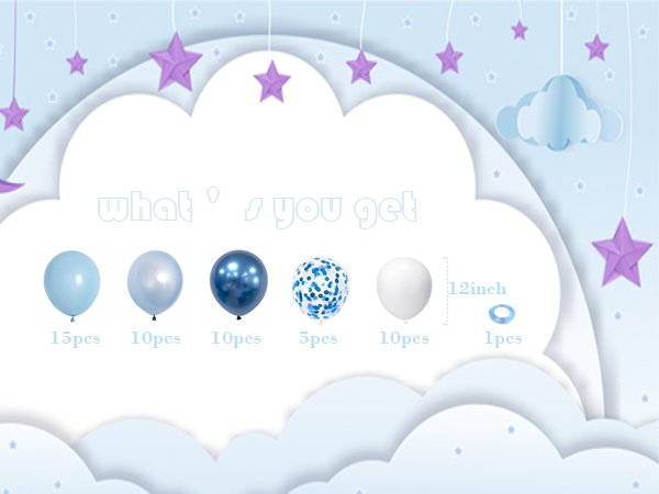 Blue and white latex balloons with confetti and metallic balloons, showing quantities and 12-inch size.