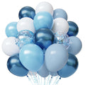 Cluster of blue, white, and metallic balloons with confetti, on a white background.
