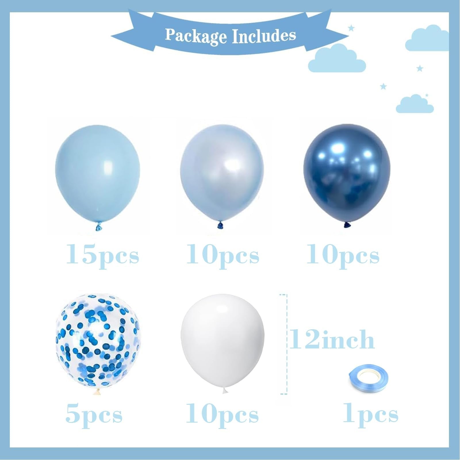 Blue and white balloons with confetti, including counts and size information.