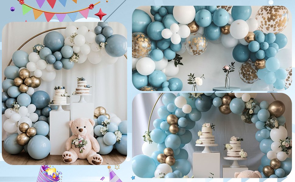 Dusty blue, gold, and white balloon garland with confetti balloons, set up for a party with cakes and a teddy bear.