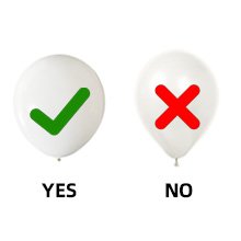 Two white balloons, one with a green checkmark and 'YES' below, the other with a red X and 'NO' below, against a white background.
